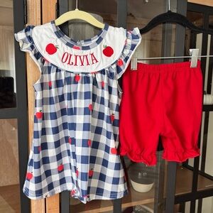 Olivia embroidered set smock apples gingham first day school ruffle shorts dress